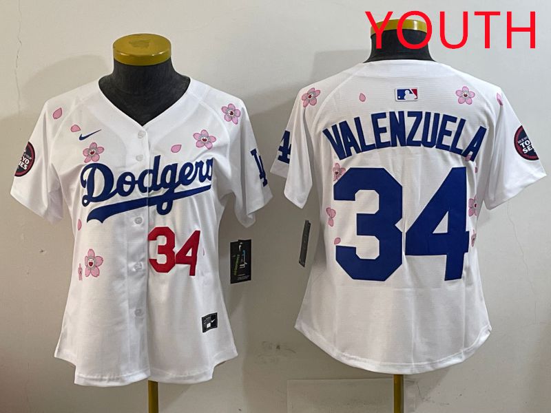 Youth Los Angeles Dodgers 34 Valenzuela White Sakura Edition 2025 Nike MLB Jersey style 7